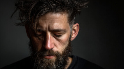 Obraz premium A close-up portrait of a man with a beard and a serious expression on his face