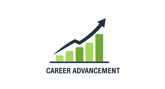 An illustration depicting career advancement with a rising bar graph and an upward trend line, symbolizing growth and professional progress.