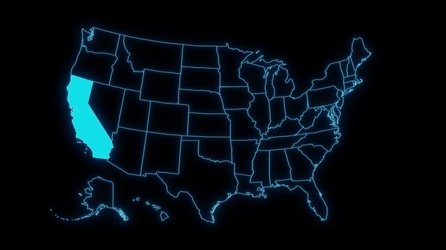 California state highlighted on USA outline map 4k animation