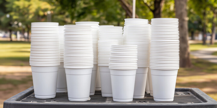 White disposable plastic cups stacked high on a trash bin, symbolizing waste and environmental consumption