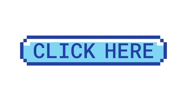 Click here retro pixel button animation. Interactive prompt. Navigation action. Press here. Activate link. Animated 8-bit arcade-style CTA overlay. Classic game-inspired UI call-to-action