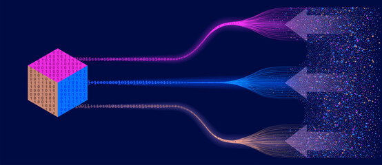 Naklejka premium Chaotic particles converge into binary streams, evolving into a structured 3D data. A clear metaphor of raw information transforming into organized digital storage.