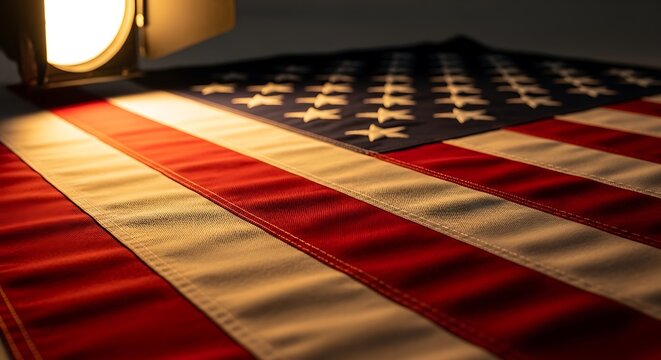 American flag illuminated by a warm light source