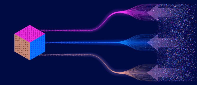 Chaotic particles converge into binary streams, evolving into a structured 3D data. A clear metaphor of raw information transforming into organized digital storage.