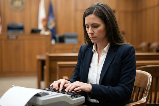 Professional female court reporter typing on a stenograph machine in a traditional courtroom setting