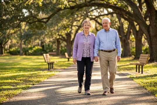 Happy senior couple holding hands and walking together on a sunlit path in a beautiful public park