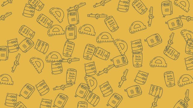 Repeating pattern of rulers, tapes, and protractors on yellow background. Suitable for educational designs, school supplies, or engineeringthemed projects.