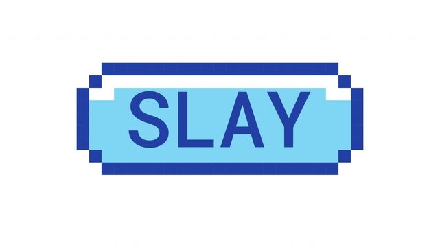Slay retro pixel button animation. Confidence glamor. Self-expression. Diva beauty flex. Power style. Glam mode. Animated 8-bit arcade-style CTA overlay. Classic game-inspired UI call-to-action