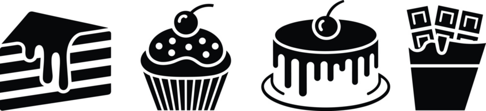 Dessert cartoon icons, editable vector clipart, cake slice, cupcake silhouette, round cake, chocolate bar container, sweet treats, stylized