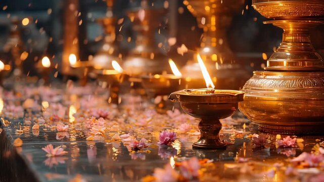 Devotional Worship Scene with Oil Lamps  Flower Petals  and Sacred Ritual Items in a Hindu Temple for Vishnu Ekadashi Celebrations