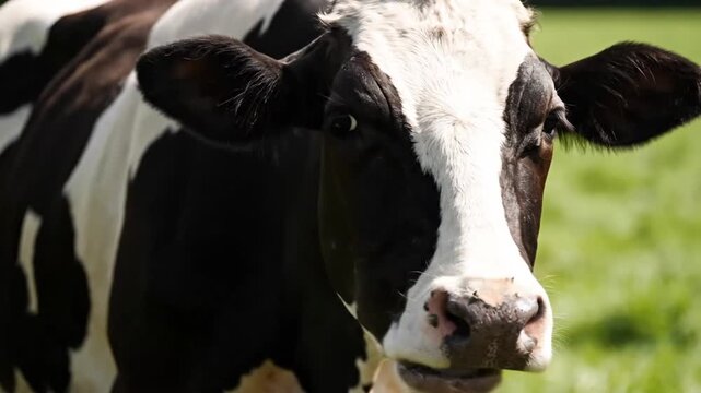 Close-up portrait of a domestic black and white dairy cow with distinctive markings, peacefully observing its surroundings in a sunlit green field, embodying natural farm life and agricultural beauty