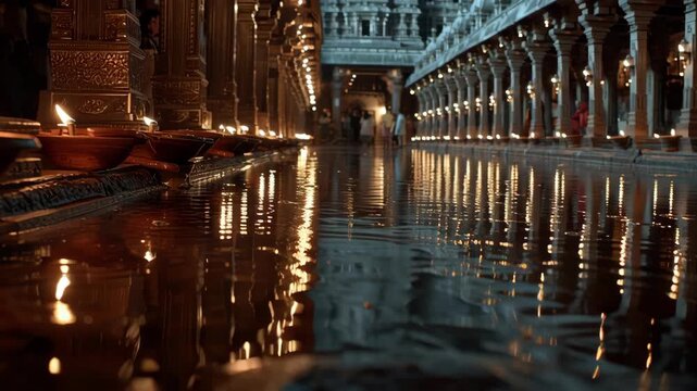 Intricate Hindu temple interior with oil lamps  ornate carvings  and worshippers during a religious ceremony  illuminated by warm candlelight and reflecting on polished floors