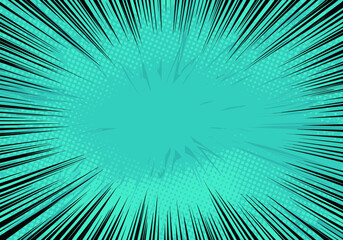 Obraz premium Vibrant turquoise comic art background with black radial speed lines and circular halftone pattern textures