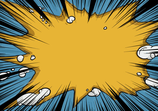 This comic style background has a bright yellow explosion with black action lines and clouds