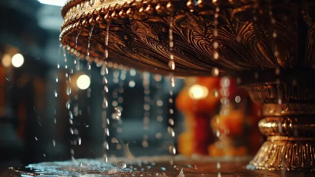 Intricately Carved Copper Water Vessel with Water Droplets and Traditional Design  Symbolizing Sacred Rituals and Spiritual Purity in Hindu Worship