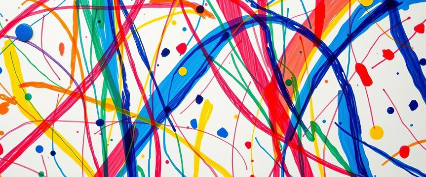 Abstract, colorful, chaotic lines and shapes on a surface, resembling spontaneous artwork from early childhood development,  paper,  pastel