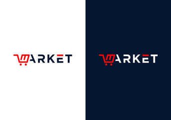 market Market logo design in wordmark style. Vector graphic of financial investment logo design in M ​​letter on market with shopping cart, accounting, and marketing. Symbol, icon, creative.