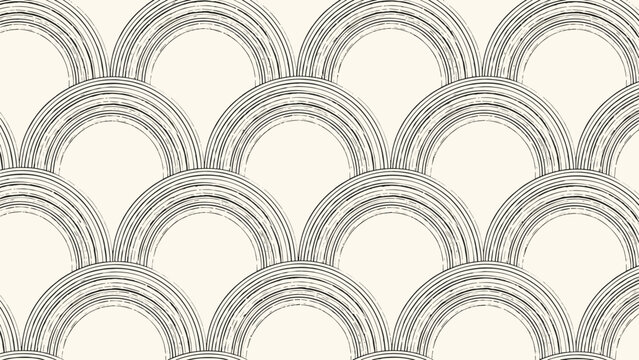 Seamless pattern of hand-drawn brushstroke semi-circles, creating a elegant scallop or wave effect in black on a light beige background.