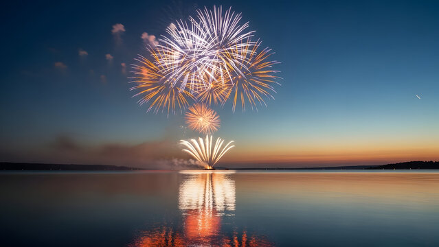 Vibrant fireworks display over serene water at dusk
