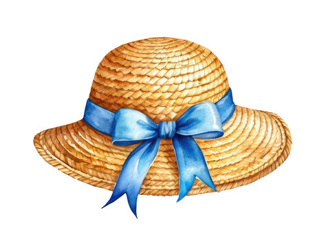 A whimsical illustration of a straw hat adorned with a blue ribbon, perfect for spring and summer designs