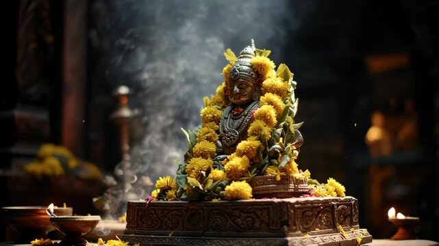 Sacred Vishnu Idol Celebrated During Ekadashi Festival with Floral Decorations and Ritual Offerings in a Traditional Hindu Temple Setting
