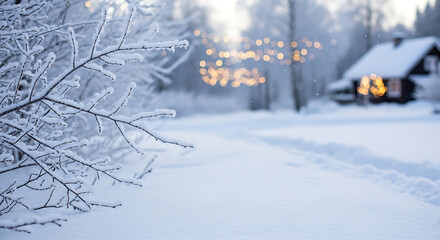 A serene winter landscape with frosted branches and a cozy house glowing with warm lights in the snowy background.