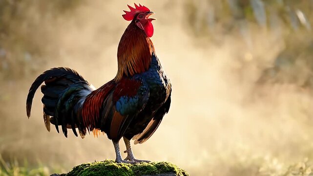 Majestic Rooster Crowing at Sunrise on a Mossy Rock with Golden Light