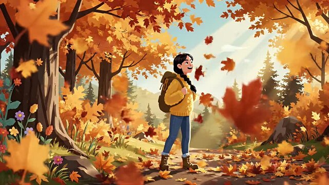 Woman walking on autumn forest path with golden sun rays