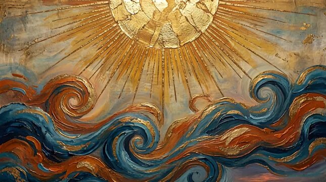 Abstract textured painting sun gold waves ocean sea motion textured art warm cool hues, dramatic lighting.