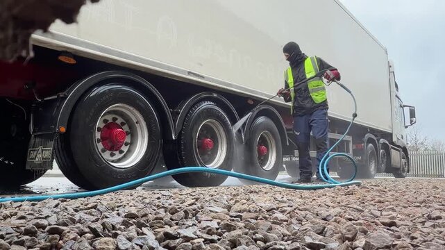 Worker in hi vis gear using a pressure washer to clean the wheels of a white semi-trailer truck