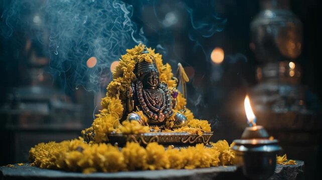 Sacred Vishnu Idol Celebrated During Ekadashi Festival with Floral Decorations and Rituals in a Traditional Hindu Temple Setting