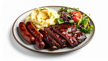 The neat texas BBQ a plate of brisket, a spicy sausage, and a giant beef rib, mash potato