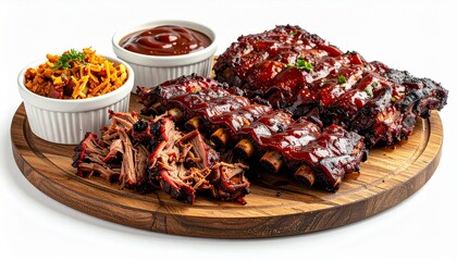 Delicious grilled barbecue pork ribs on wooden board with sauce