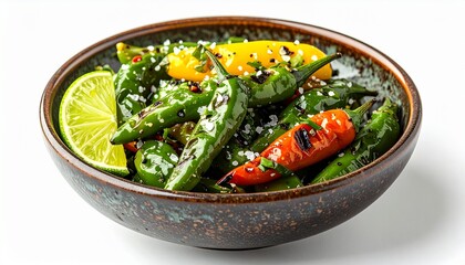 Pan fried green chili peppers with seasoning in rustic bowl