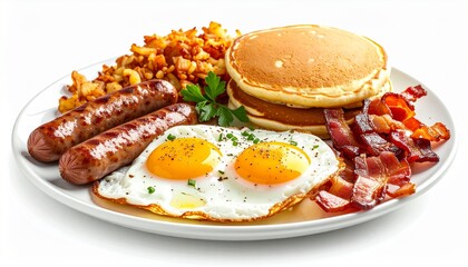 Breakfast plate with pancakes fried eggs sausages and maple syrup