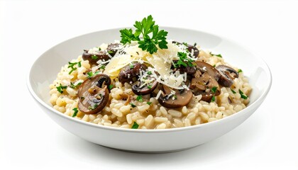Creamy mushroom risotto with parmesan cheese and fresh parsley garnish