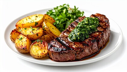 Grilled steak slices with roasted potatoes and green herb sauce
