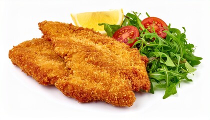 Golden Fried Breaded Meat Cutlet With Lemon And Arugula
