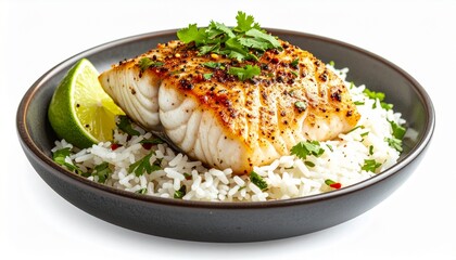 Grilled White Fish Fillet Served With Rice And Herbs