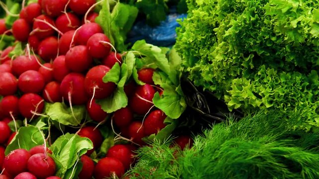Fresh red radish on a background of green tops on a counter in a store or market.