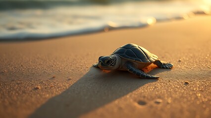 Obraz premium determinedly. A newborn sea turtle hatchling crawling across sand towards ocean waves. wildlife magazines, conservation campaigns, designed for wildlife conservation campaigns.