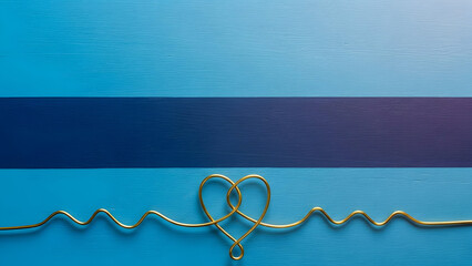 A blue background with a dark blue stripe and a gold wire design