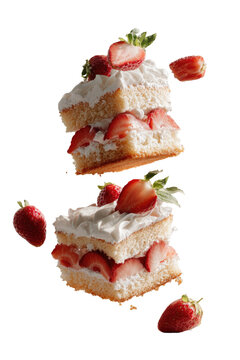Two stacked fluffy shortcake squares with whipped cream and fresh strawberries, dynamically floating