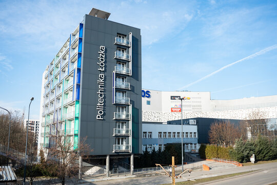 Dormitory buildings at Politechnika Ł&oacute;dzka student campus in Ł&oacute;dź. Accommodation building for Lodz University of Technology students on February 8, 2025 in Lodz, Poland.