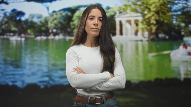 Woman with arms crossed wearing a white long sleeve top and jeans by a lake near a classical building; confidence calm.