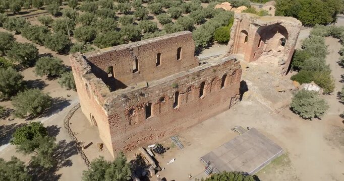 Aerial closeup of Santa Maria della Roccella, an abbey located in the Scolacium National Archaeological Park and Museum, in the municipality of Borgia, in the province of Catanzaro, Calabria, Italy.