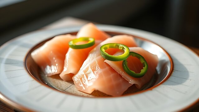 hyperboloid. A ceramic plate with fresh sashimi slices, garnished with green chili rings, minimalist presentation. menu design.