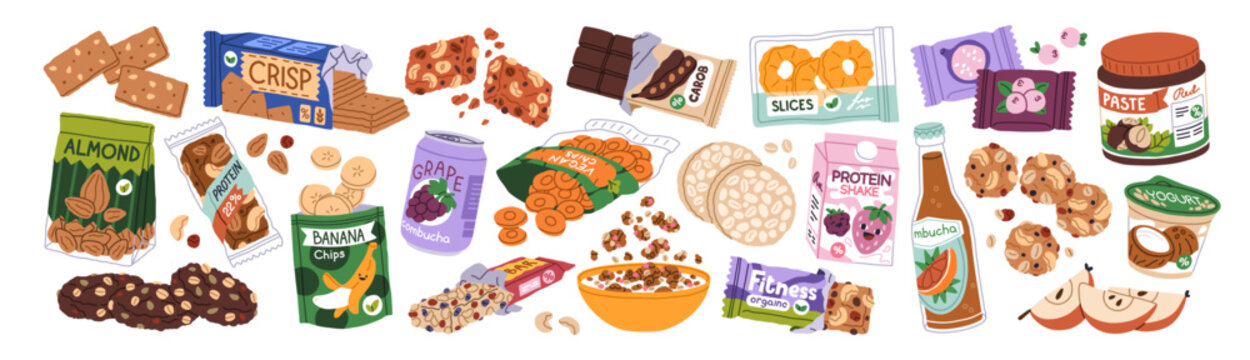 Healthy snacks set. Natural diet food. Granola, energy bar, cereal and nuts, rice cakes, yogurt, fitness protein cookie, drink in packages. Flat vector illustration isolated on white background