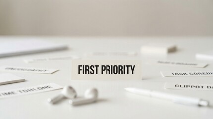 Ultra realistic minimal white desk with many blurred task cards scattered and one sharp focused card labeled First Priority