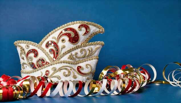 Rot-wei&szlig;e Karnevalsm&uuml;tze mit Luftschlangen vor blauem Hintergrund